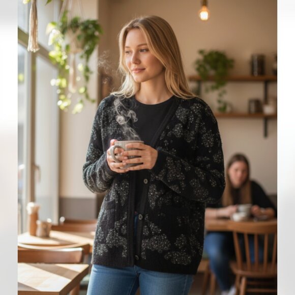 NWT ZARA BLACK KNIT CARDIGAN W/ METALLIC THREAD & SEQUIN Festive Small - Picture 1 of 6